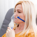 žena, kyslíková maska, dýchanie, inhalácia, liečba