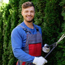 muž, záhrada, záhradkár, nožnivce, strihanie, živý plot