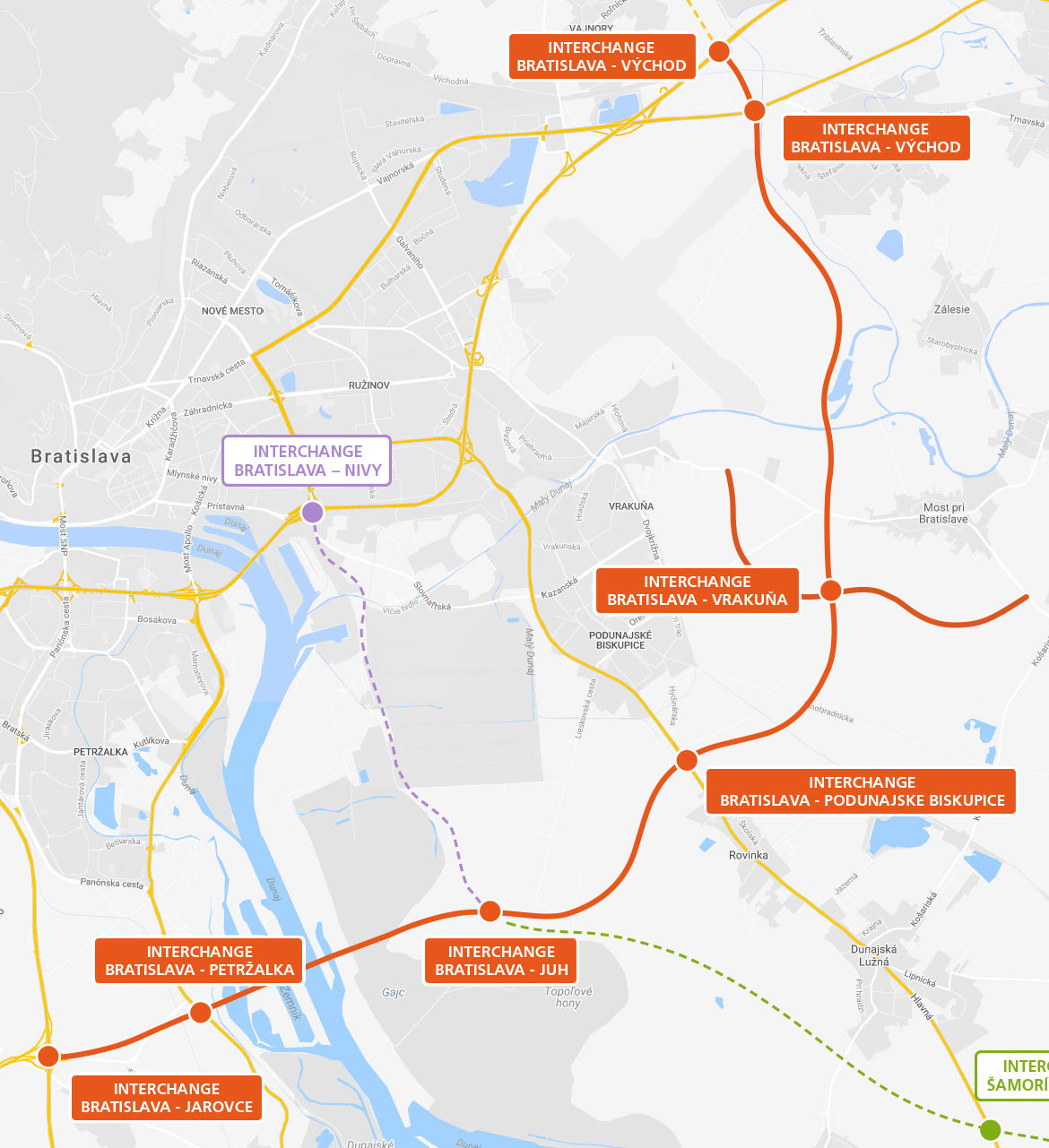 Mapa ťažiskovej časti nultého obchvatu Bratislavy.