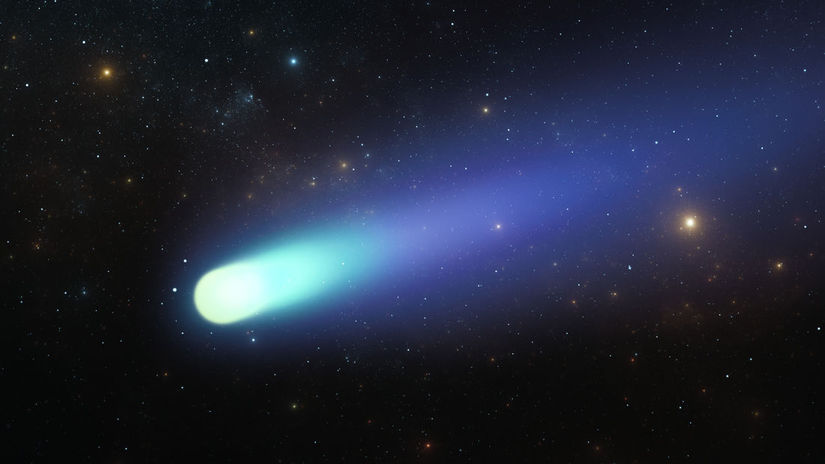 Falling bright comet and tail with large dust...