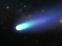 Falling bright comet and tail with large dust
and gas trails on sky background. 3d illustration