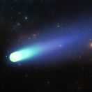 Falling bright comet and tail with large dust and gas trails  on sky background. 3d illustration
