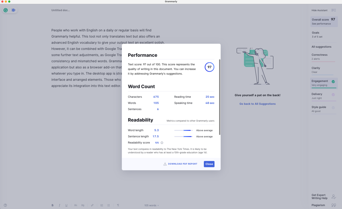 Grammarly vám ukáže vaše celkové skóre,...