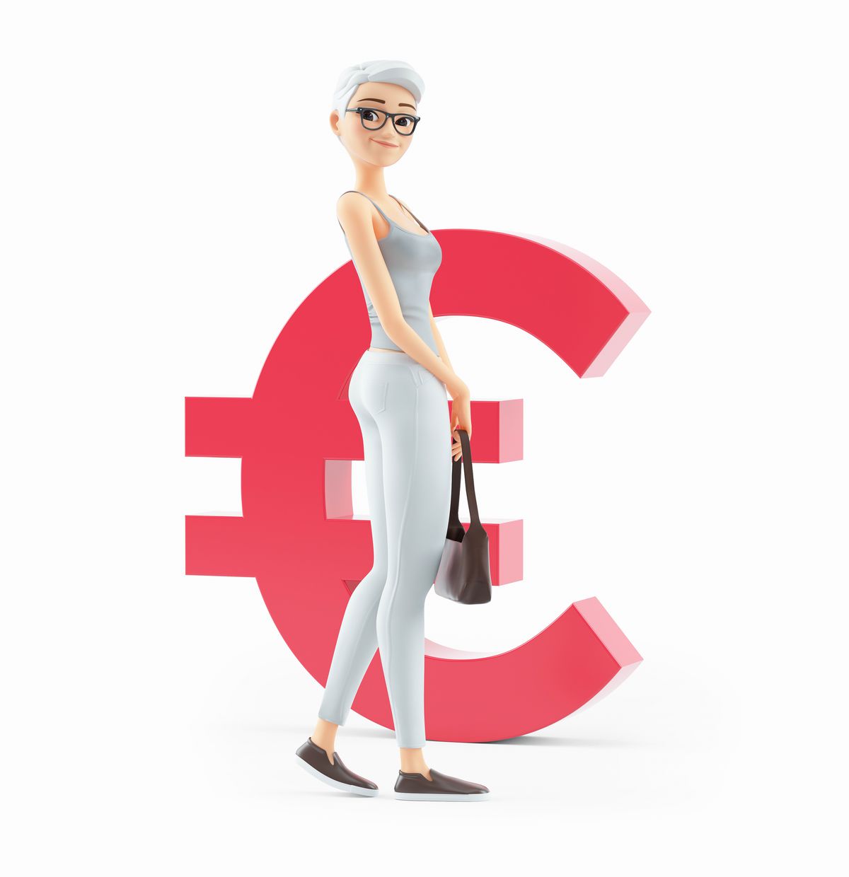 euro, €, dôchodkyňa, animácia, úsmev, postavička