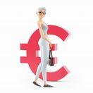 euro, €, dôchodkyňa, animácia, úsmev, postavička