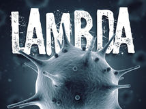 Coronavirus lambda mutation 3d render concept: Macro coronavirus cell and lambda text in front of blurry virus cells floating on air. South Africa variant of mutated corona virus.