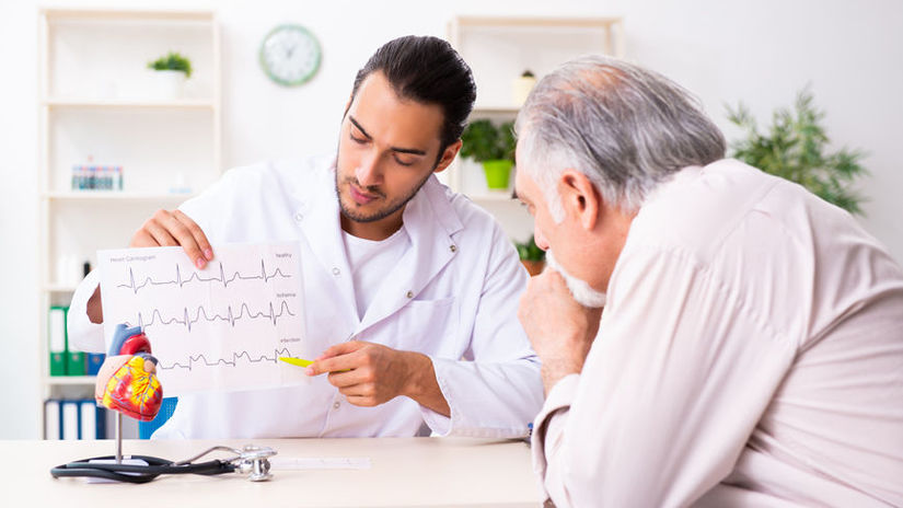 Old man visiting young male doctor cardiologist