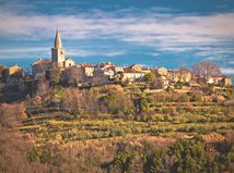 Idyllic hill village of Groznjan view, landscape and architecture of Istria, Croatia