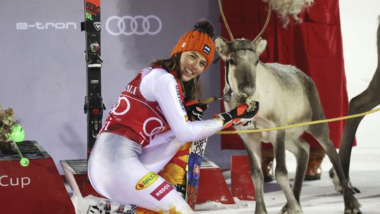 Petra Vlhová feeds her fifth reindeer.