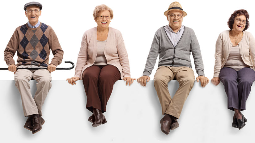 seniori, penzisti, dôchodcovia, sedenie, úsmev