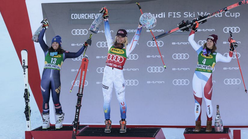 Víťazka Mikaela Shiffrinová (v strede), druhá...