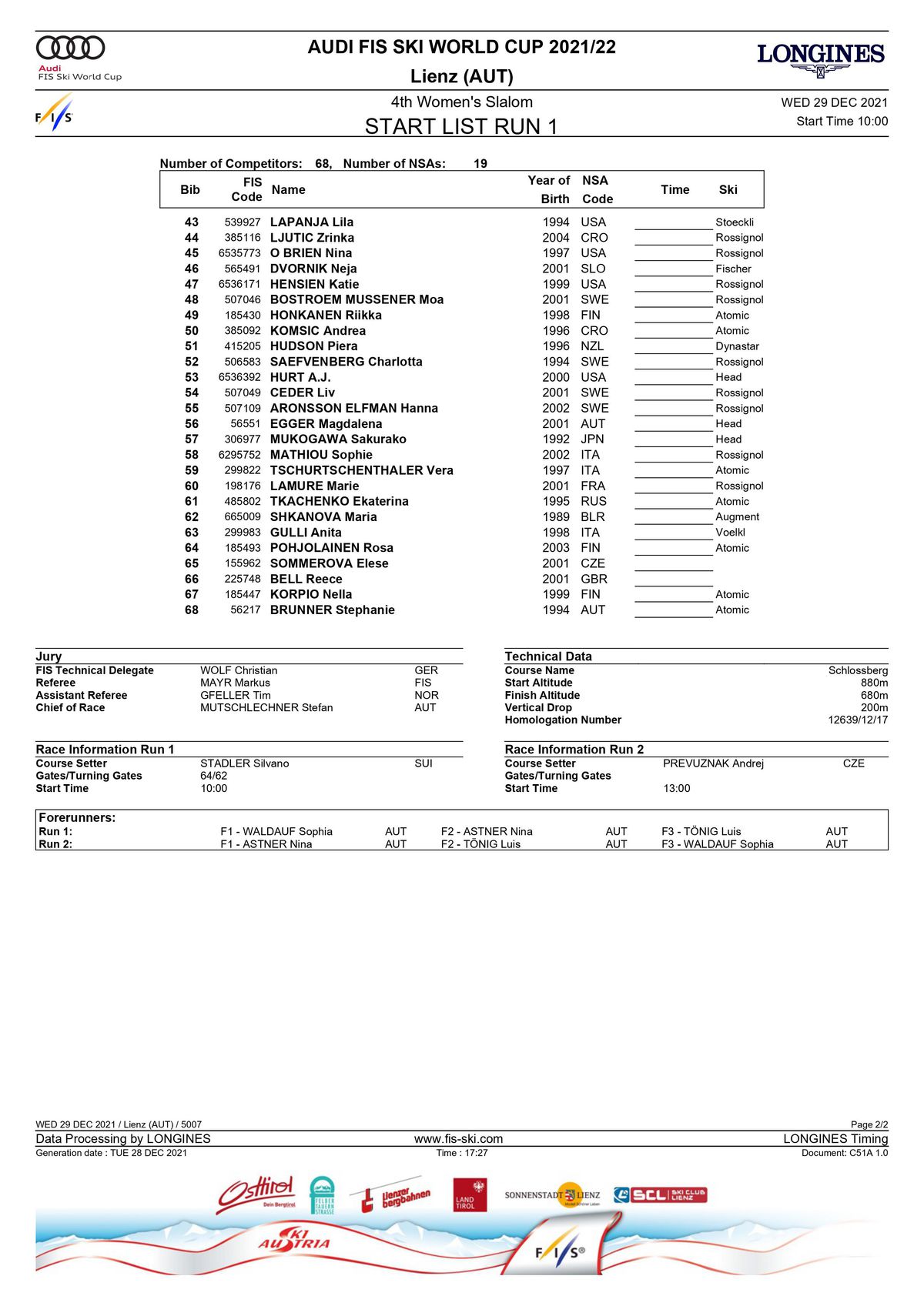 Štartová listina 1. kola slalomu v Lienzi.