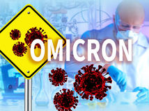 Omikron coronavirus variant. Omicron Covid-19 variant Coronavirus. Mutated coronavirus SARS-CoV-2. New strain of covid. Mutated virus from South Africa. Virus molecules and Omicron label.