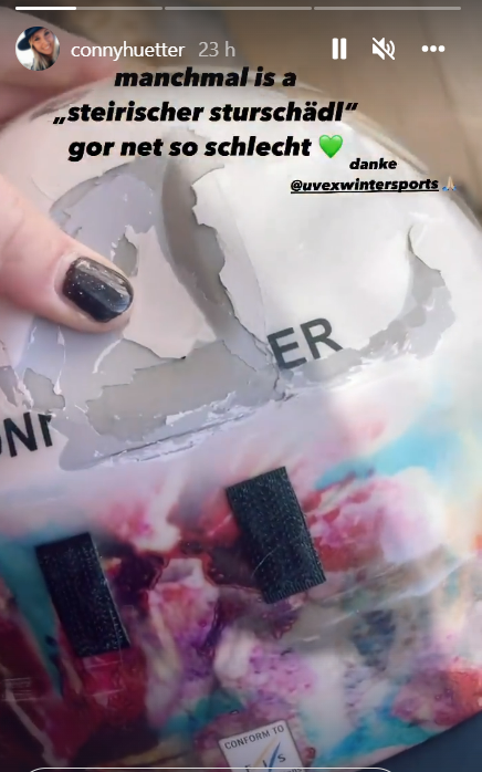 Prilba Cornelie Hütterovej po páde v...