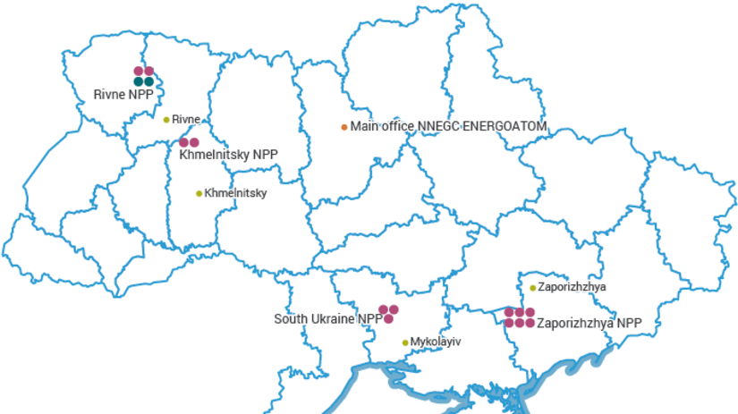 Mapa atómových elektrární na Ukrajine