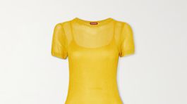 Dámske elastické žlté šaty s krátkymi rukávmi Staud