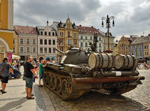 Liberec, Czech republic - August 21, 2018: soviet occupation tank  on Namesti Dr. Benese square during remember to 50 years after Soviet occupation of Czechoslovakia in year 1968