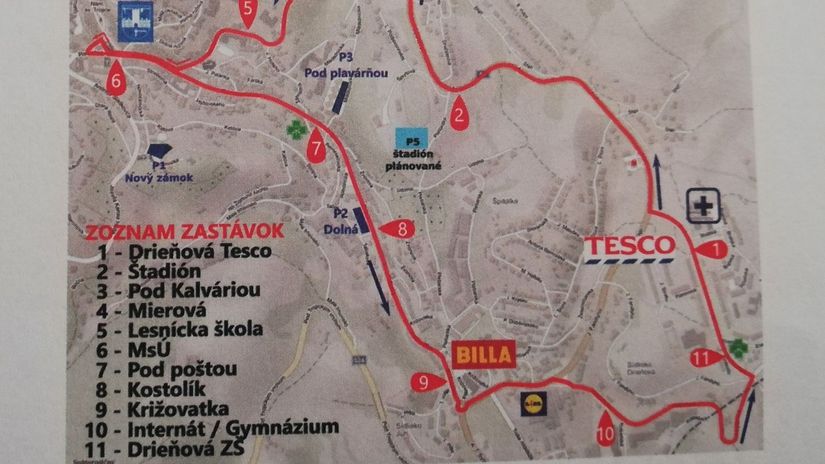 Mapka so zoznamom jedenástich zastávok.