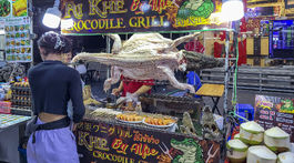 krokodíl, gril, krokodílie mäso, Bangkok, Khao San Road