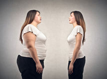 obezita, nadváha, žena, zrkadlo, odraz, protipól