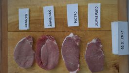 Vzhľad mäsa v pôvodných obaloch, po vybalení, krajina pôvodu. Kvalitné mäso má bledoružovú farbu.