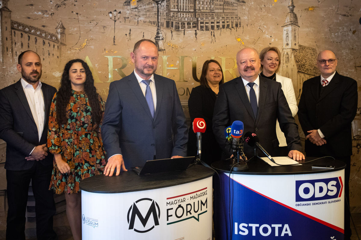 Zľava v popredí: Predseda strany Magyar Fórum -...