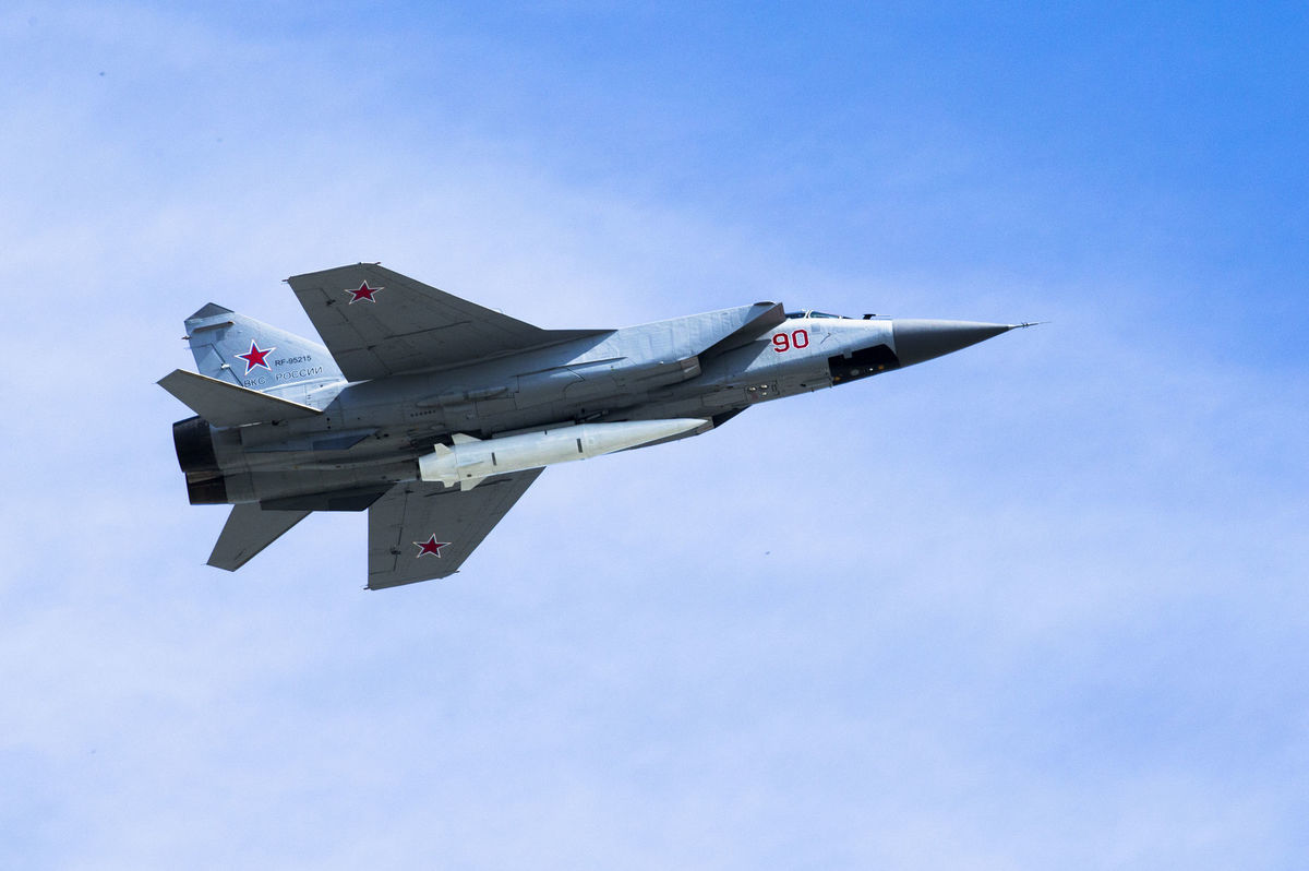 The MiG-31K jet aircraft of the Russian Air Force carries...