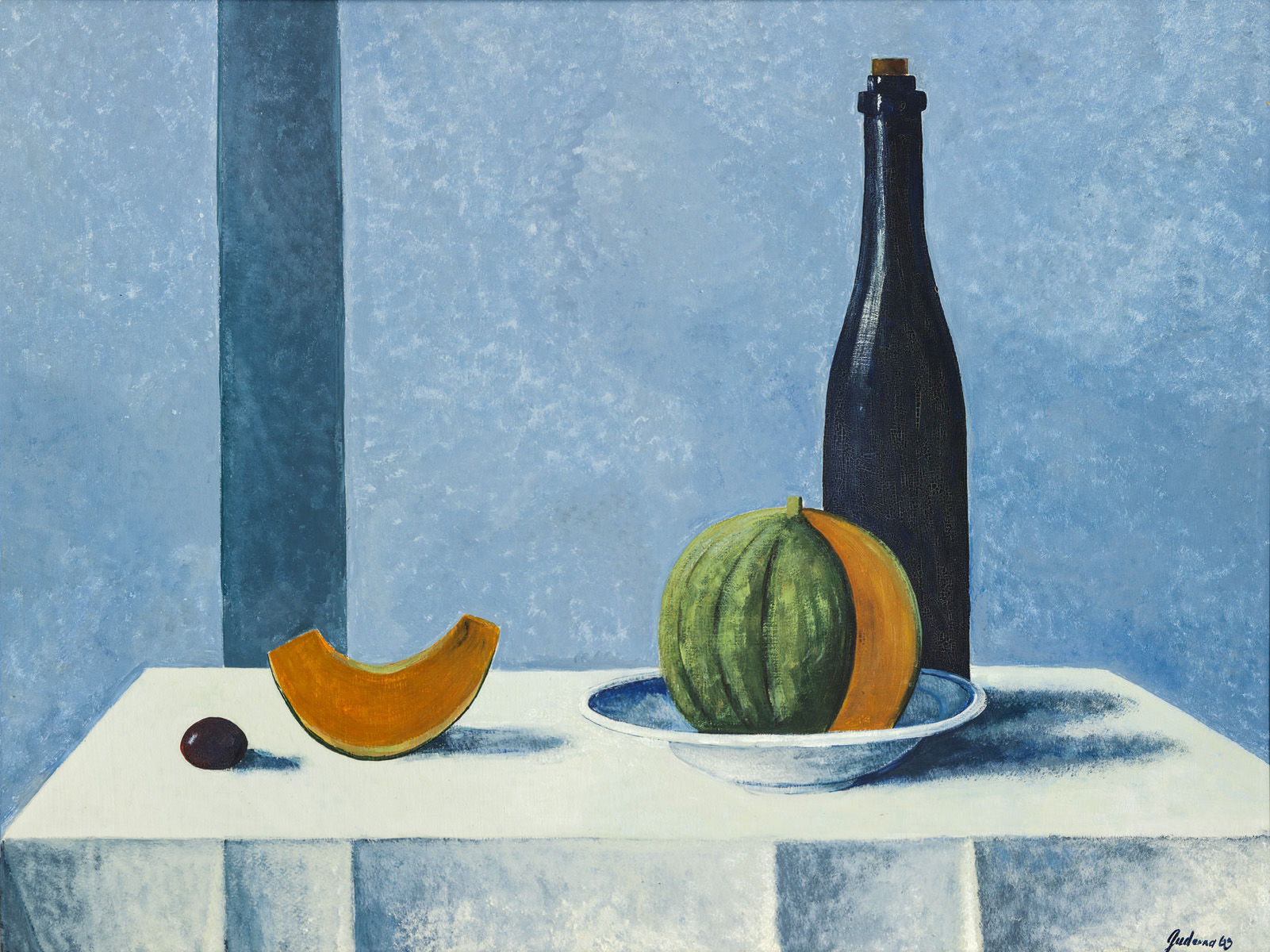 Guderna: Zátišie s melónom (tempera, kartón)