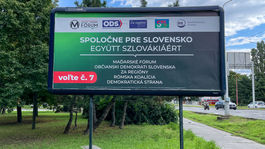 Billboard strán Maďarské fórum, Občianski demokrati Slovenska, Za regióny, Rómska koalícia, Demokratická strana, august 2023