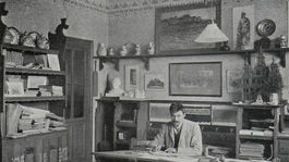 Dušan Samuel Jurkovič vo svojej pracovni, Veveří ul. 14, Brno, 1905. Foto: Deport & Panzer. Repro: Český svět 1905 – 1906, roč. II, č. 2, s. 48