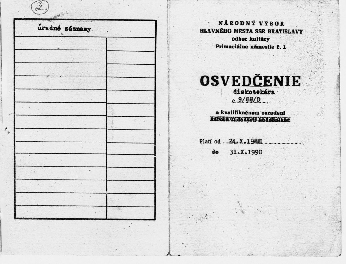 Vrchná strana osvedčenia diskotekára
