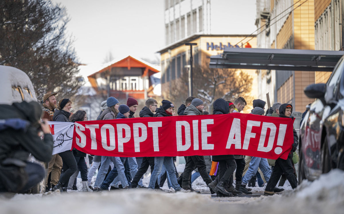 Demonstranten während einer Demonstration gegen die AfD auf den Straßen...