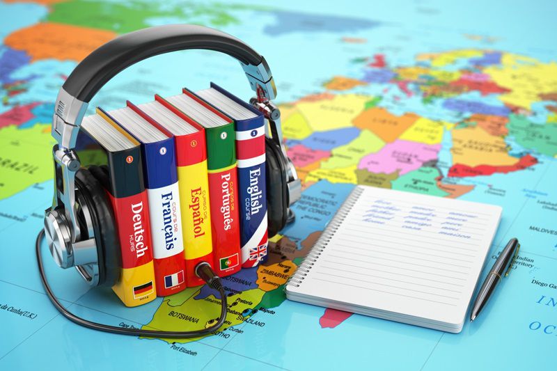 Learning languages online. Audiobooks concept....