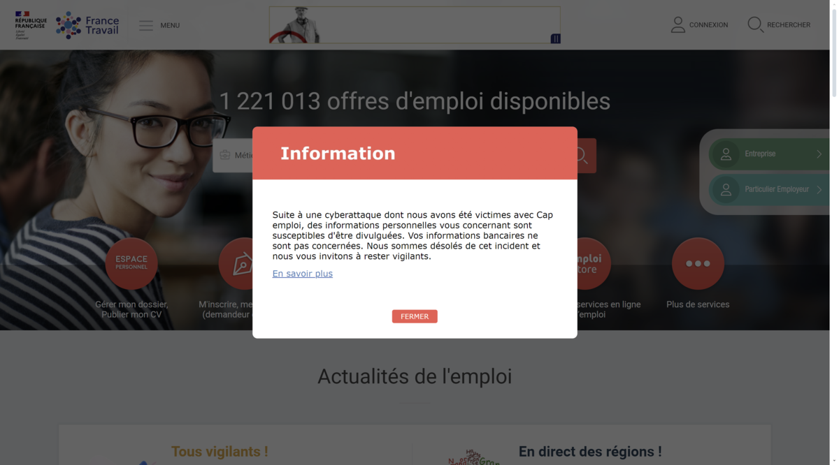 www.francetravail.fr kybernetický útok osobné dáta