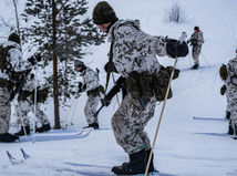Course participants practise using specialist skis during the Basic winter course.