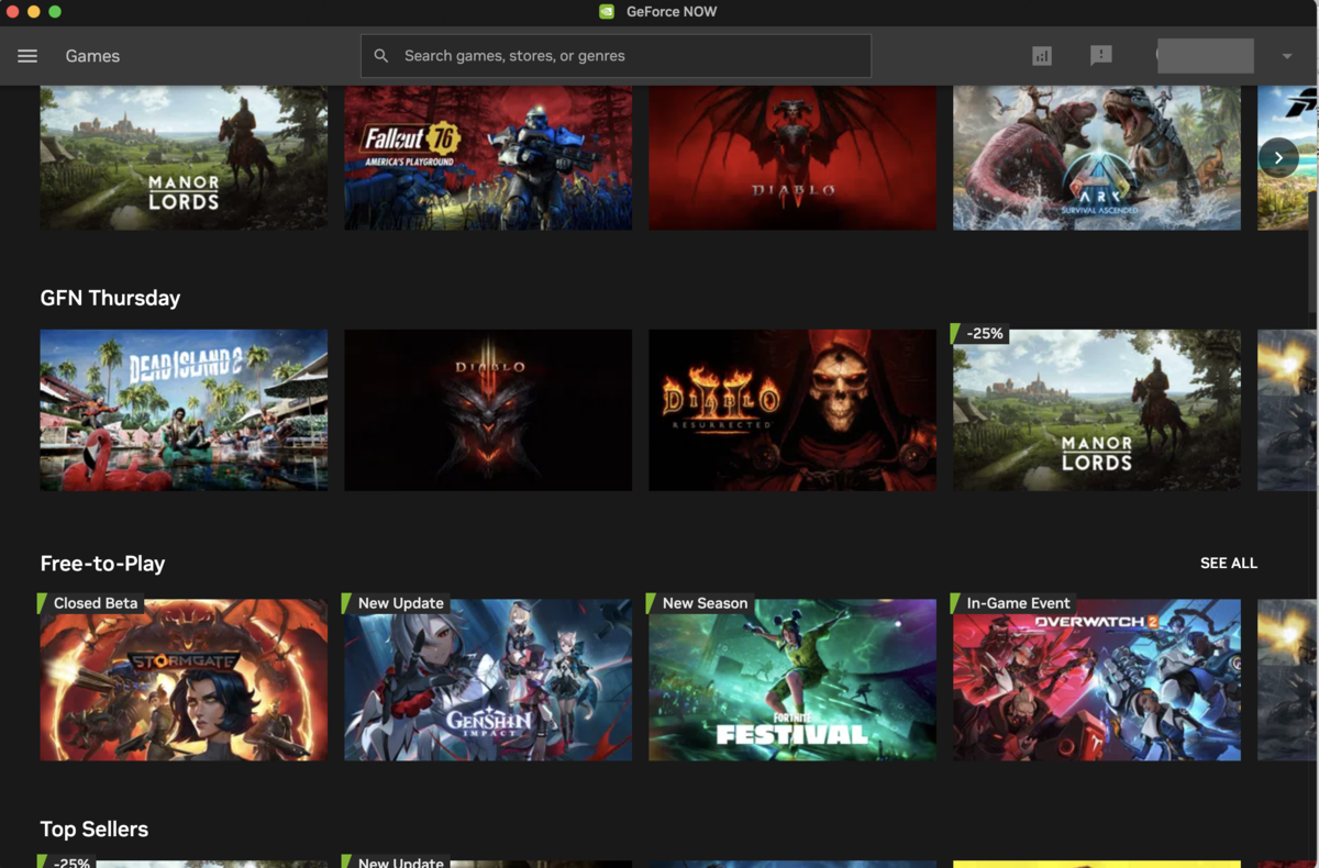 Herný katalóg služby Nvidia GeForce NOW.