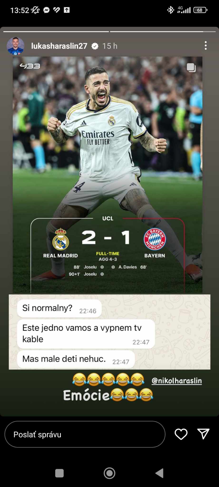 Takto v stredu v noci písala Lukášovi...
