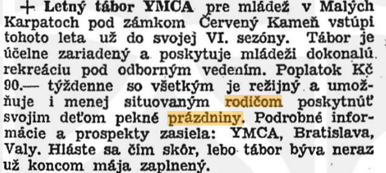 Inzerát detského tábora YMCA rok 1926.