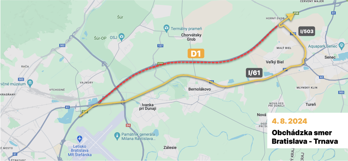 Obchádzka - smer Bratislava - Trnava