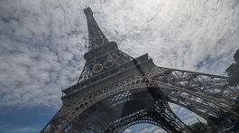 A view of the Eiffel Tower through the protective glass from...