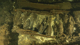   Bottles of champagne in the wreck of a sailing ship from the 19...