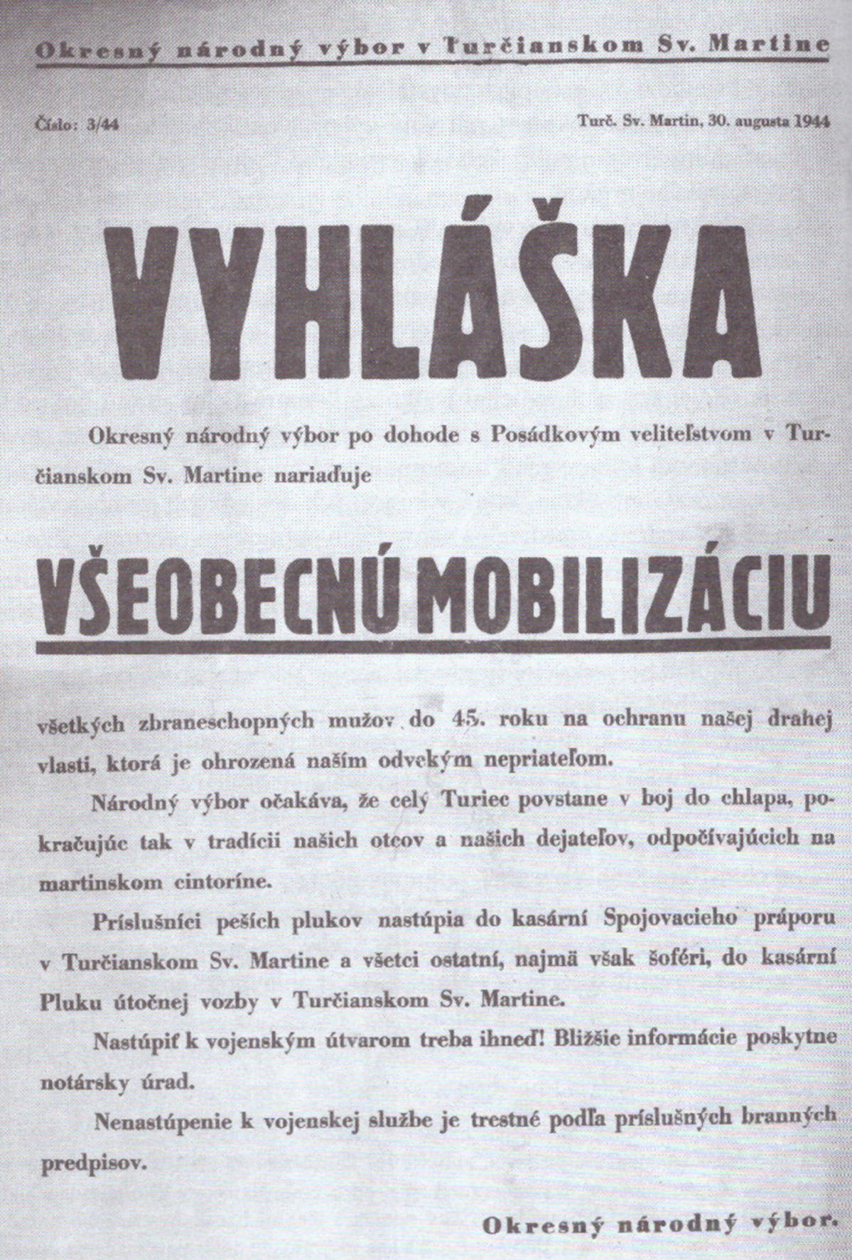 Vyhláška k mobilizácii v Martine.
