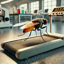 DALL E 2024-10-31 19.46.07 - A close-up  high-detail image of a Drosophila fly  fruit fly  on a small treadmill-like running belt in a laboratory setting. The treadmill appears sc
