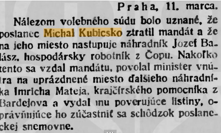 Správa o strate mandátu M. Kubicska v dobovej...