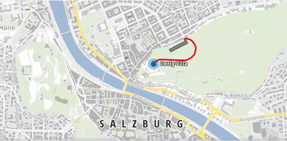 Mapa rakúskeho mesta Salzburg s vyznačenou...