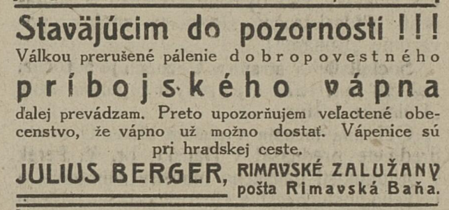 Inzerát propagujúci vápno