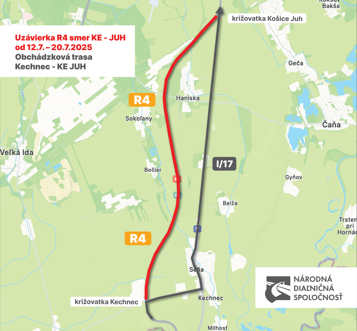 Uzávierka R4 a obchádzka Kechnec - Košice-juh.