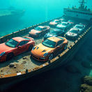 potopená nákladná loď, autá