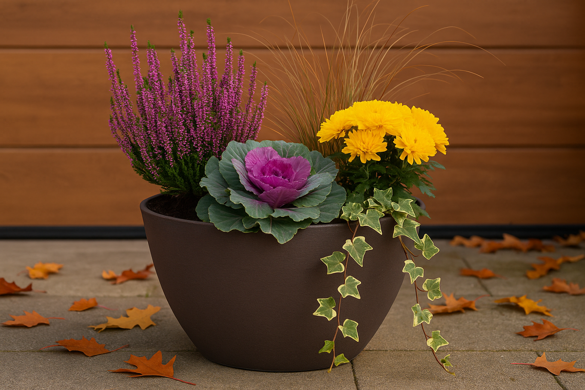 Návrh jesennej výsadby do kvetináča: vres –...