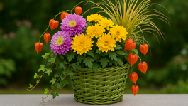 Chryzantémy, brečtan, okrasná tráva puškvorec a...